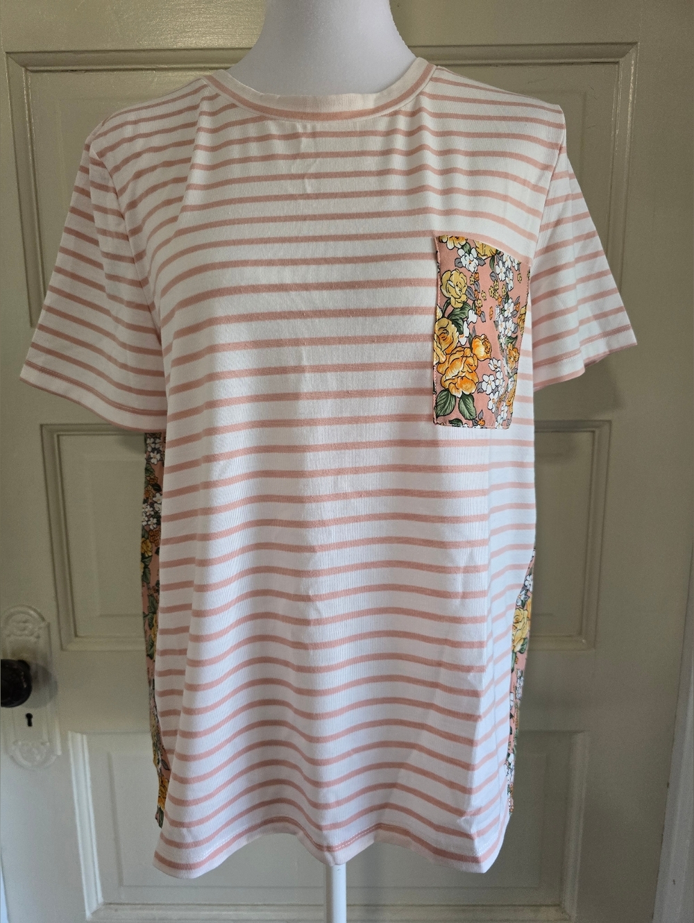 NWOT After Market Striped Pink & White Tee with Floral Pocket